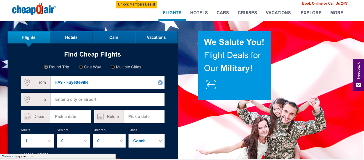 Up to $40 off Military Travel At CheapOAir + CashBack