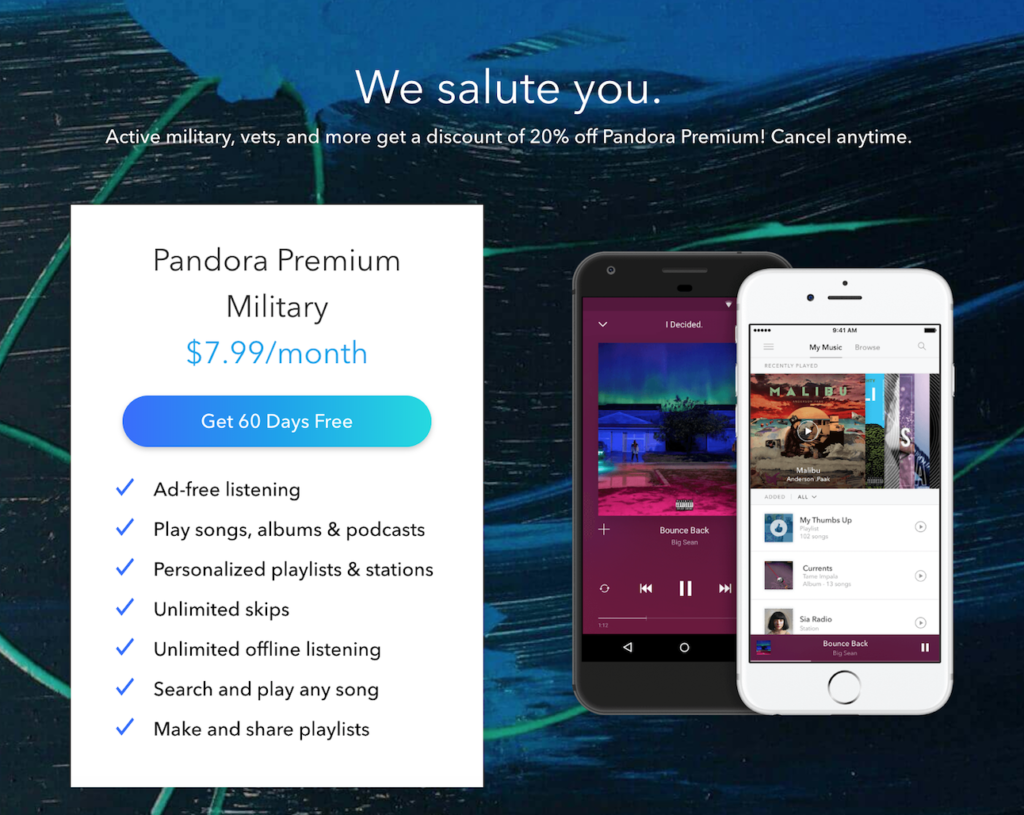 New Pandora Music Military Discount RETAIL SALUTE